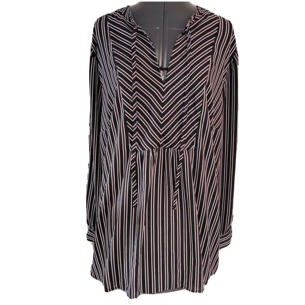 Flaw Loft Plus Blouse Top Shirt Size 18 Black Red Ivory Stripe Long Slv Dressy